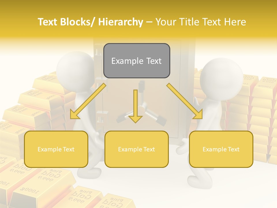Two People Pushing A Safe In Front Of Stacks Of Gold Bars PowerPoint Template