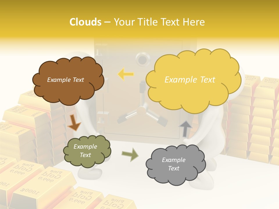Two People Pushing A Safe In Front Of Stacks Of Gold Bars PowerPoint Template
