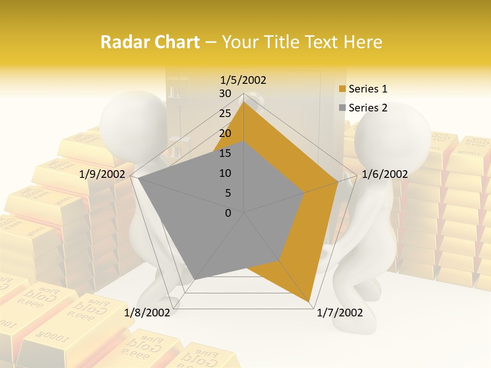 Two People Pushing A Safe In Front Of Stacks Of Gold Bars PowerPoint Template