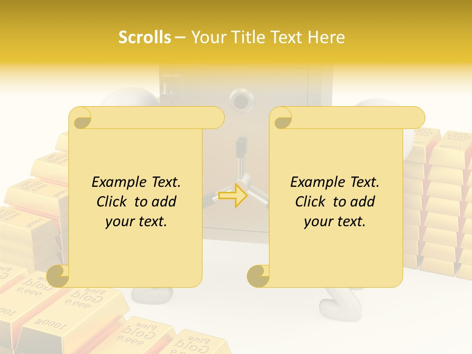 Two People Pushing A Safe In Front Of Stacks Of Gold Bars PowerPoint Template