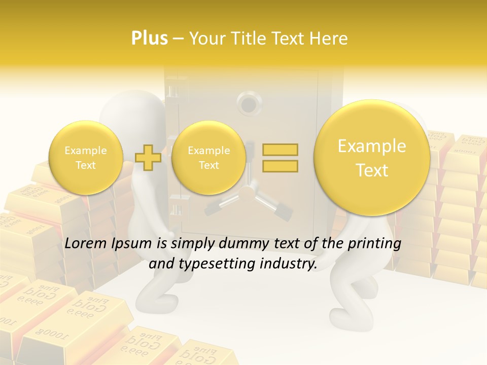 Two People Pushing A Safe In Front Of Stacks Of Gold Bars PowerPoint Template