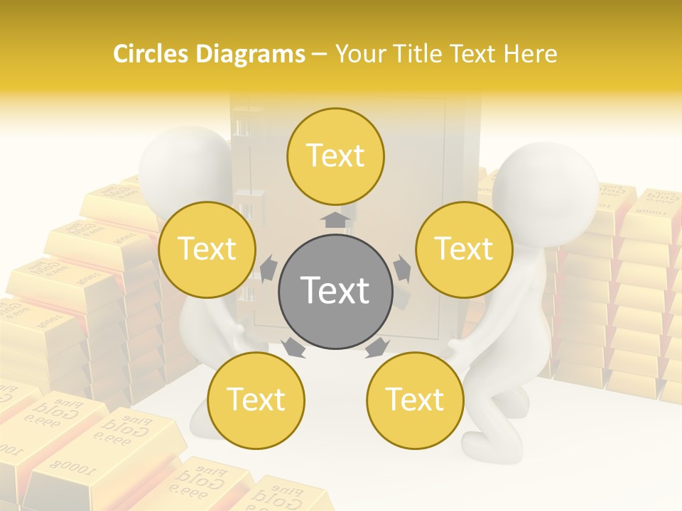 Two People Pushing A Safe In Front Of Stacks Of Gold Bars PowerPoint Template