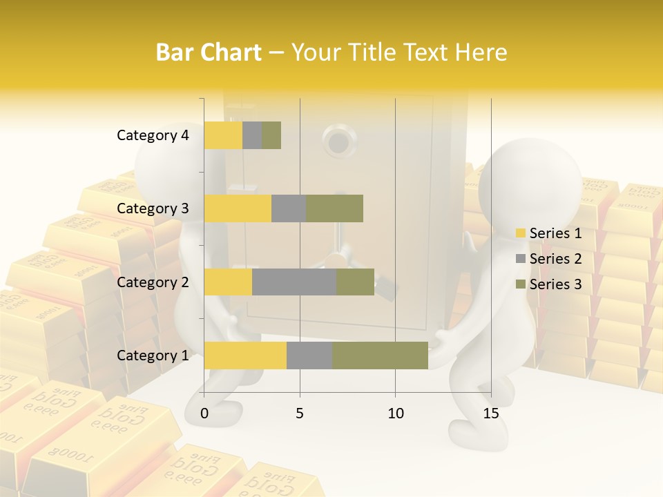 Two People Pushing A Safe In Front Of Stacks Of Gold Bars PowerPoint Template