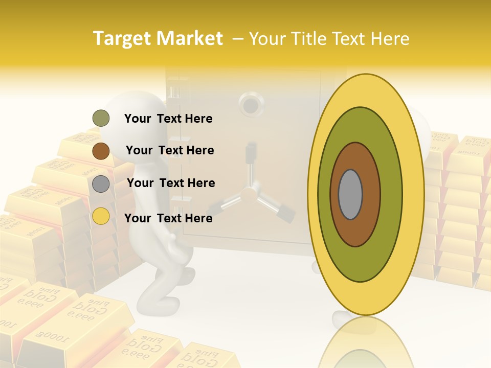 Two People Pushing A Safe In Front Of Stacks Of Gold Bars PowerPoint Template