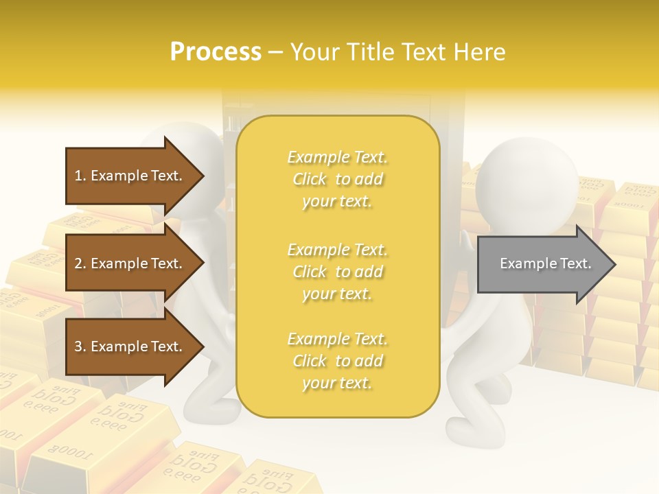 Two People Pushing A Safe In Front Of Stacks Of Gold Bars PowerPoint Template