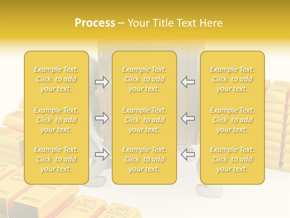Two People Pushing A Safe In Front Of Stacks Of Gold Bars PowerPoint Template