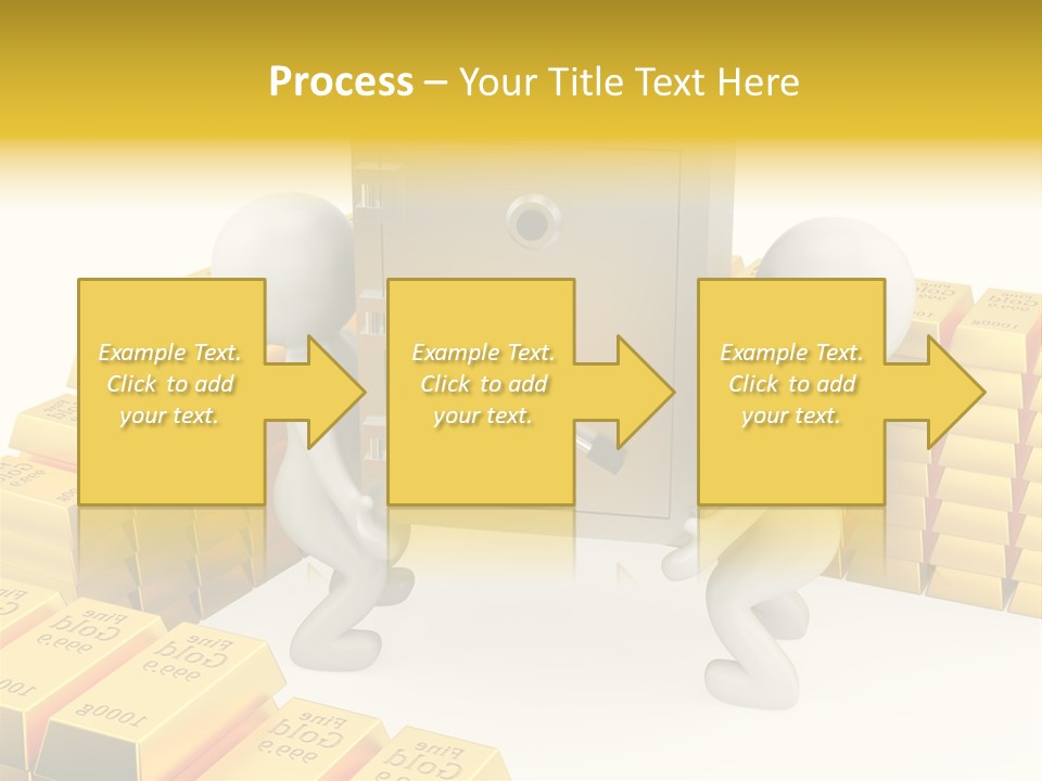 Two People Pushing A Safe In Front Of Stacks Of Gold Bars PowerPoint Template