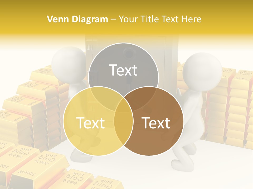 Two People Pushing A Safe In Front Of Stacks Of Gold Bars PowerPoint Template