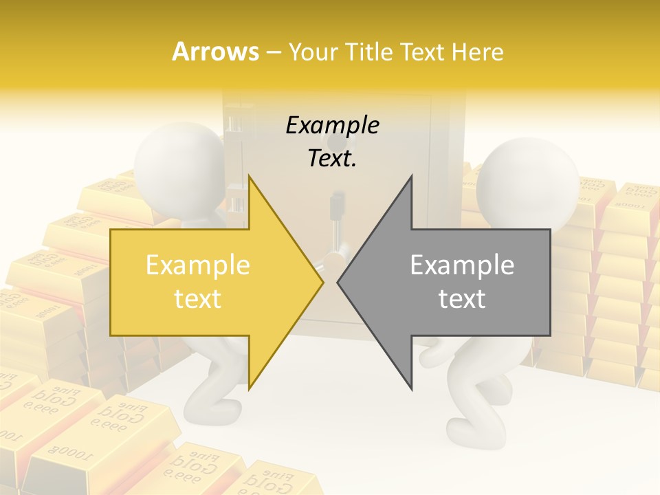 Two People Pushing A Safe In Front Of Stacks Of Gold Bars PowerPoint Template