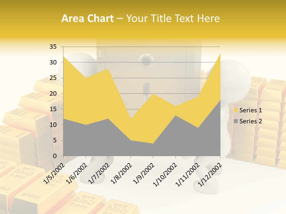 Two People Pushing A Safe In Front Of Stacks Of Gold Bars PowerPoint Template