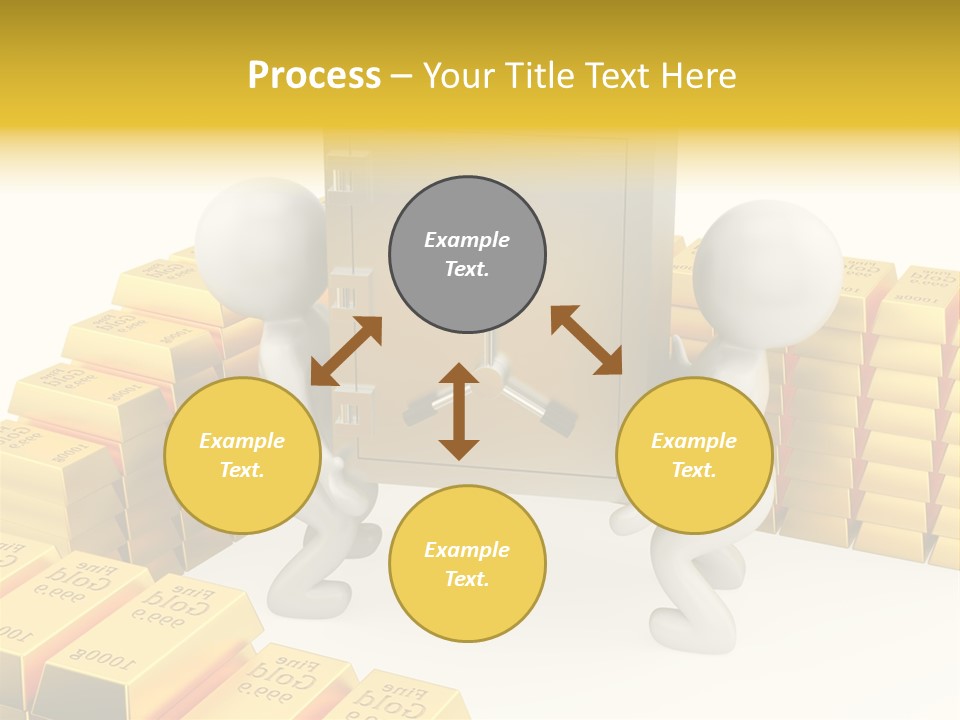 Two People Pushing A Safe In Front Of Stacks Of Gold Bars PowerPoint Template
