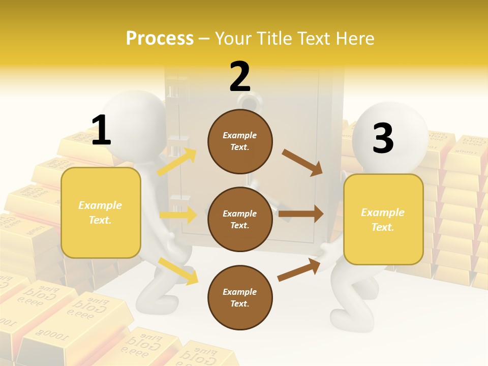 Two People Pushing A Safe In Front Of Stacks Of Gold Bars PowerPoint Template
