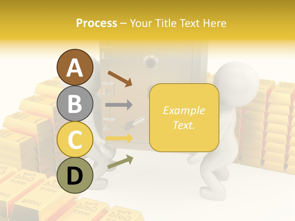 Two People Pushing A Safe In Front Of Stacks Of Gold Bars PowerPoint Template