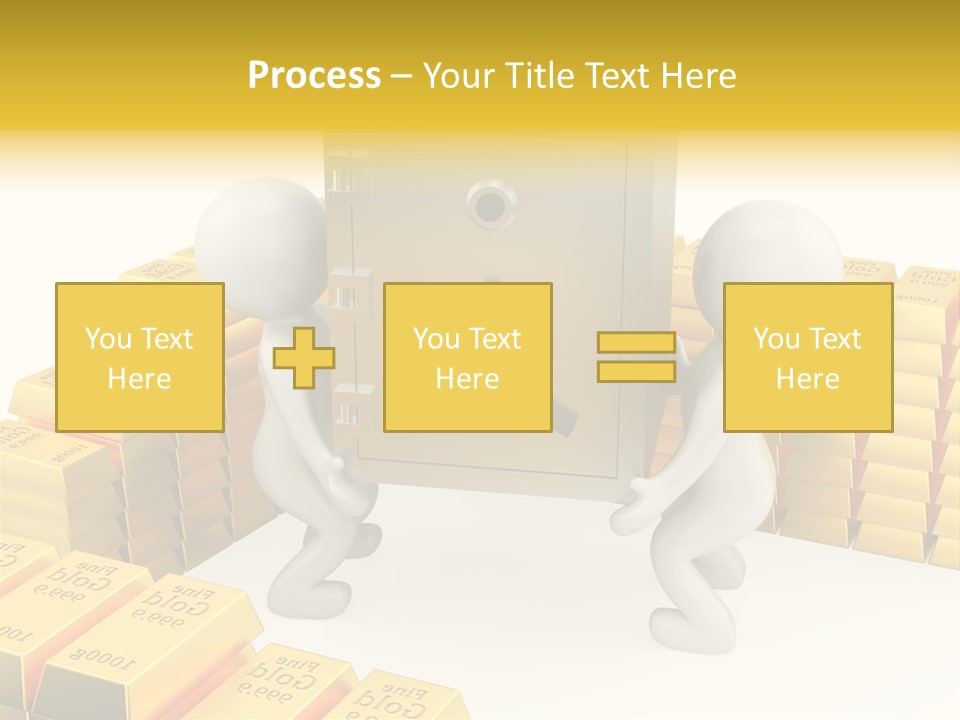 Two People Pushing A Safe In Front Of Stacks Of Gold Bars PowerPoint Template