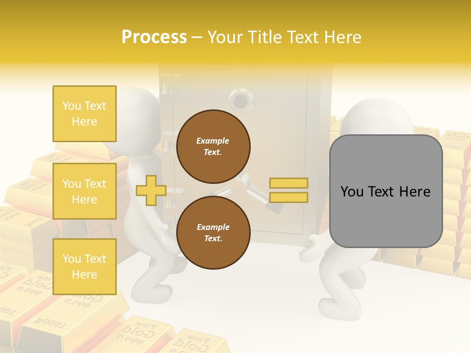 Two People Pushing A Safe In Front Of Stacks Of Gold Bars PowerPoint Template