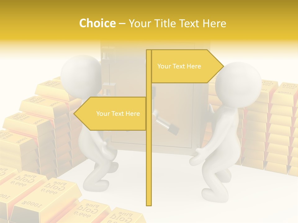 Two People Pushing A Safe In Front Of Stacks Of Gold Bars PowerPoint Template