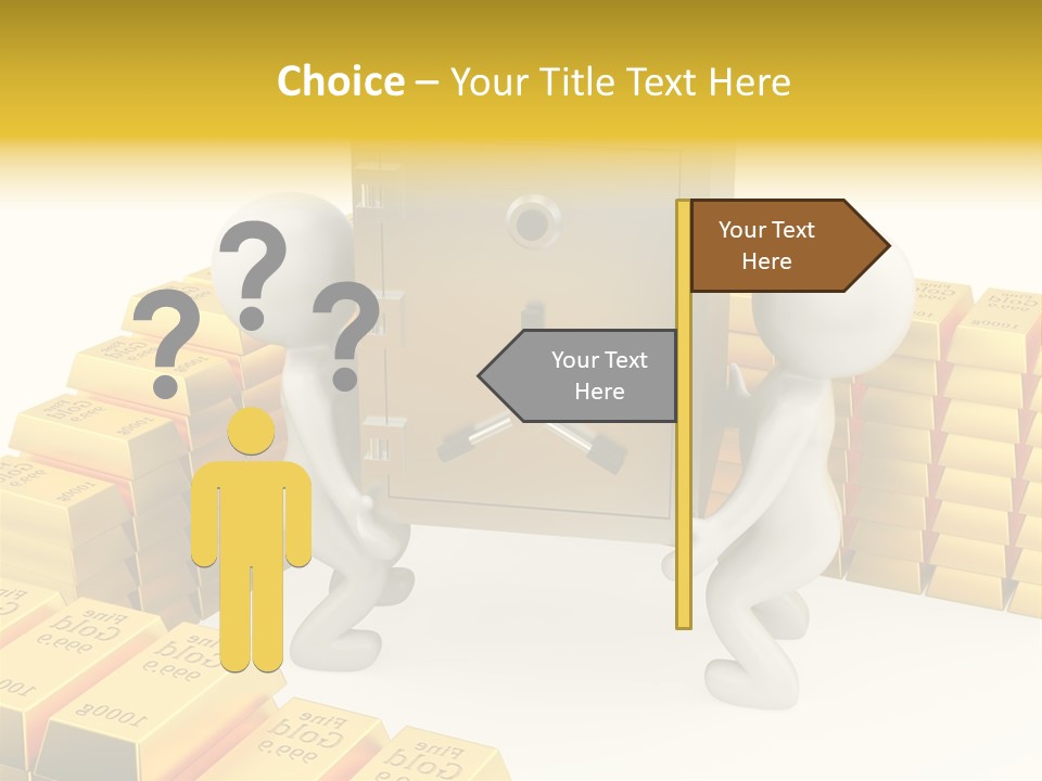 Two People Pushing A Safe In Front Of Stacks Of Gold Bars PowerPoint Template