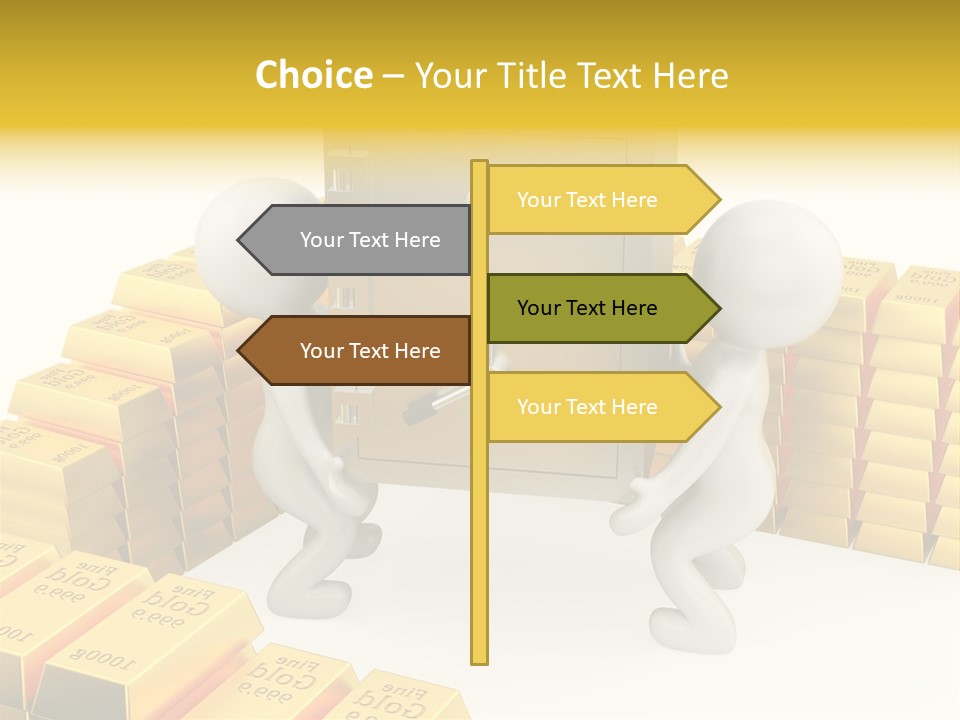 Two People Pushing A Safe In Front Of Stacks Of Gold Bars PowerPoint Template