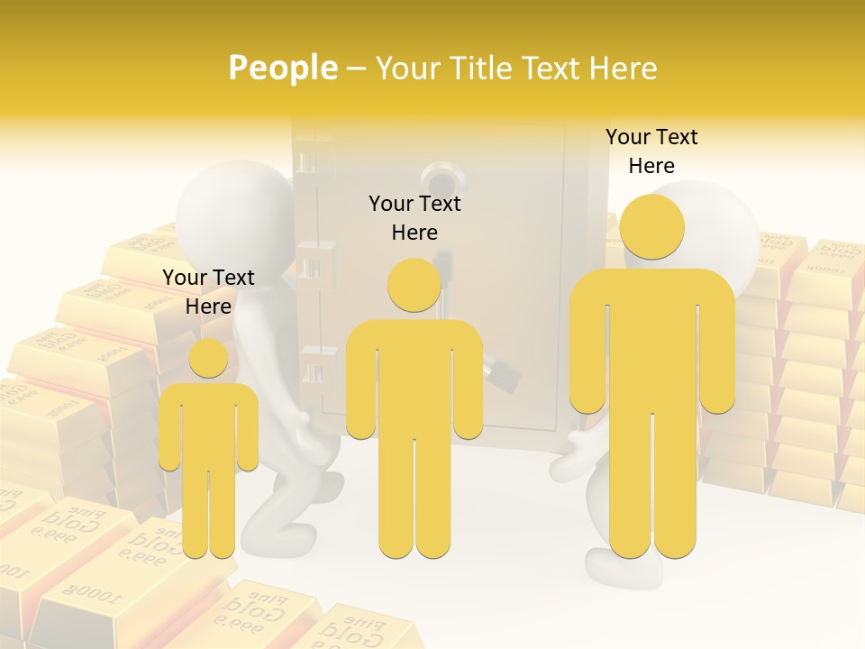 Two People Pushing A Safe In Front Of Stacks Of Gold Bars PowerPoint Template