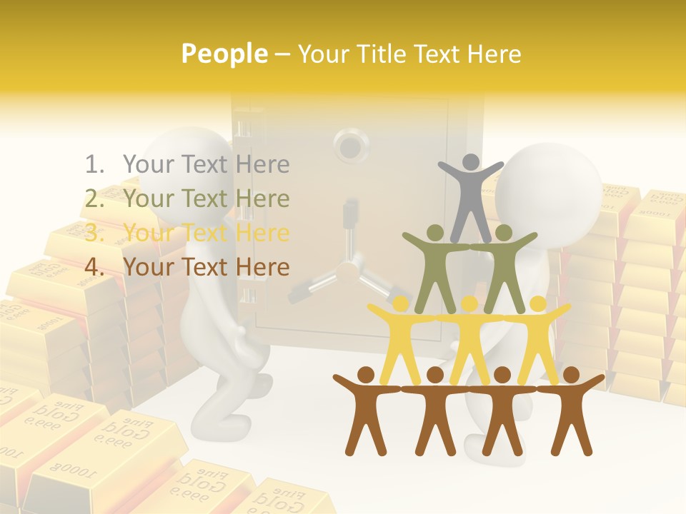 Two People Pushing A Safe In Front Of Stacks Of Gold Bars PowerPoint Template