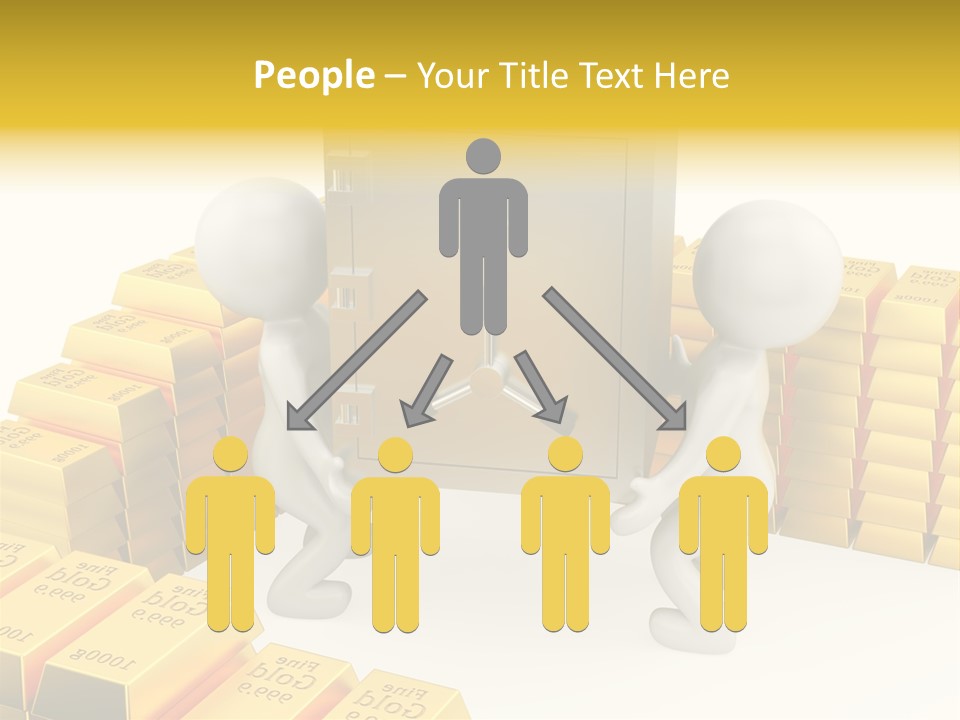 Two People Pushing A Safe In Front Of Stacks Of Gold Bars PowerPoint Template