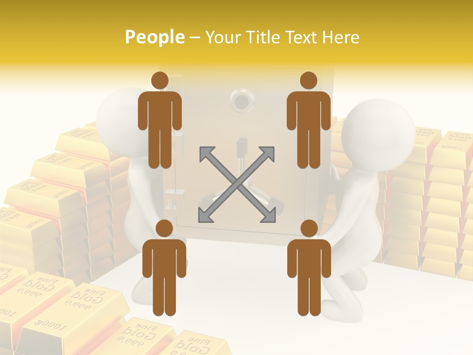 Two People Pushing A Safe In Front Of Stacks Of Gold Bars PowerPoint Template