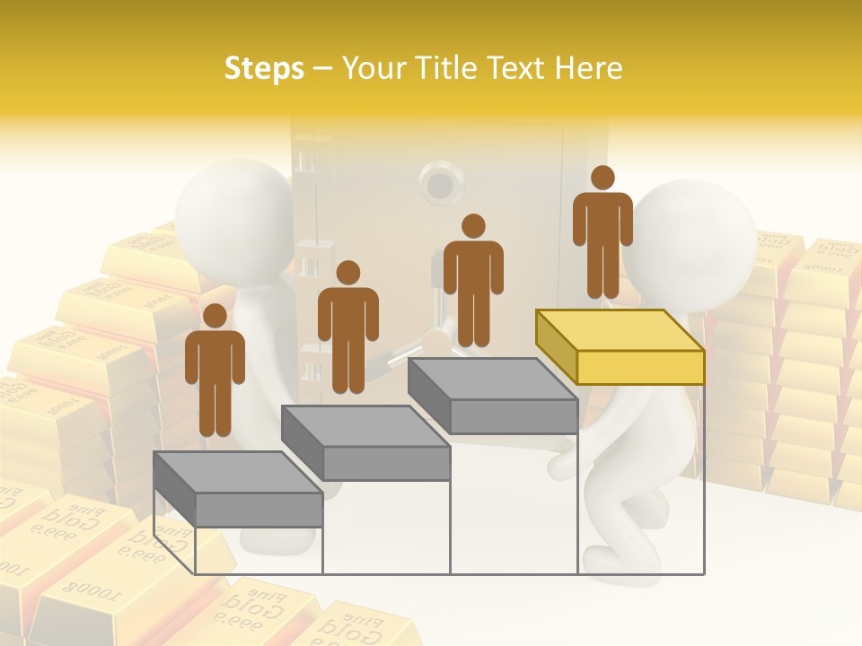 Two People Pushing A Safe In Front Of Stacks Of Gold Bars PowerPoint Template