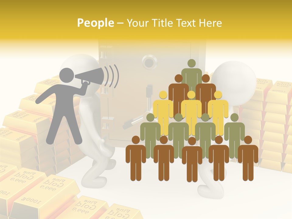 Two People Pushing A Safe In Front Of Stacks Of Gold Bars PowerPoint Template