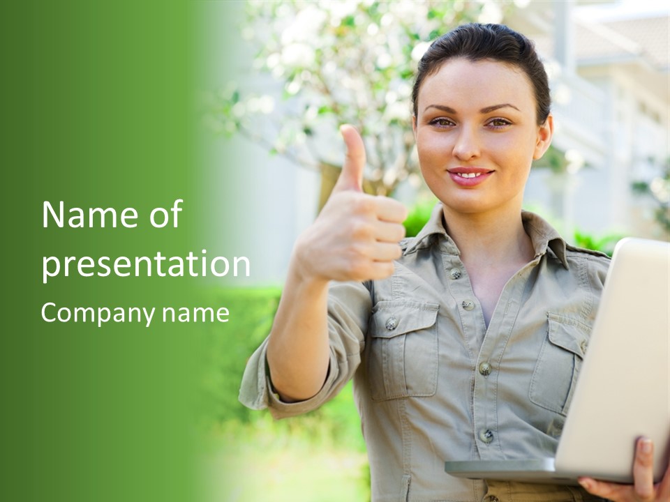 A Woman Giving A Thumbs Up While Holding A Laptop PowerPoint Template