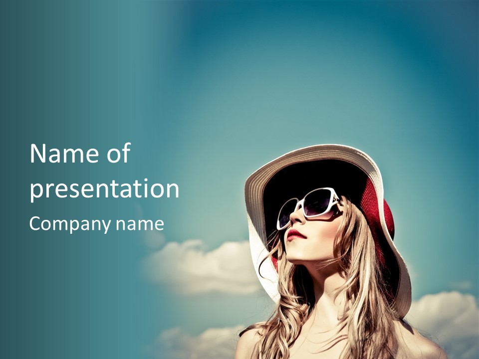 A Woman Wearing A Hat And Sunglasses With A Sky Background PowerPoint Template