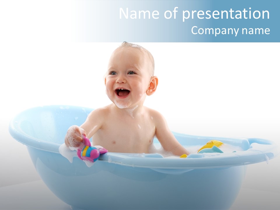 A Baby Sitting In A Blue Bathtub With Toys PowerPoint Template