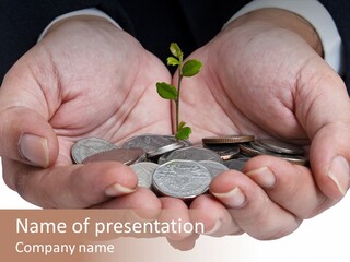 A Person Holding A Plant Growing From A Pile Of Coins PowerPoint Template
