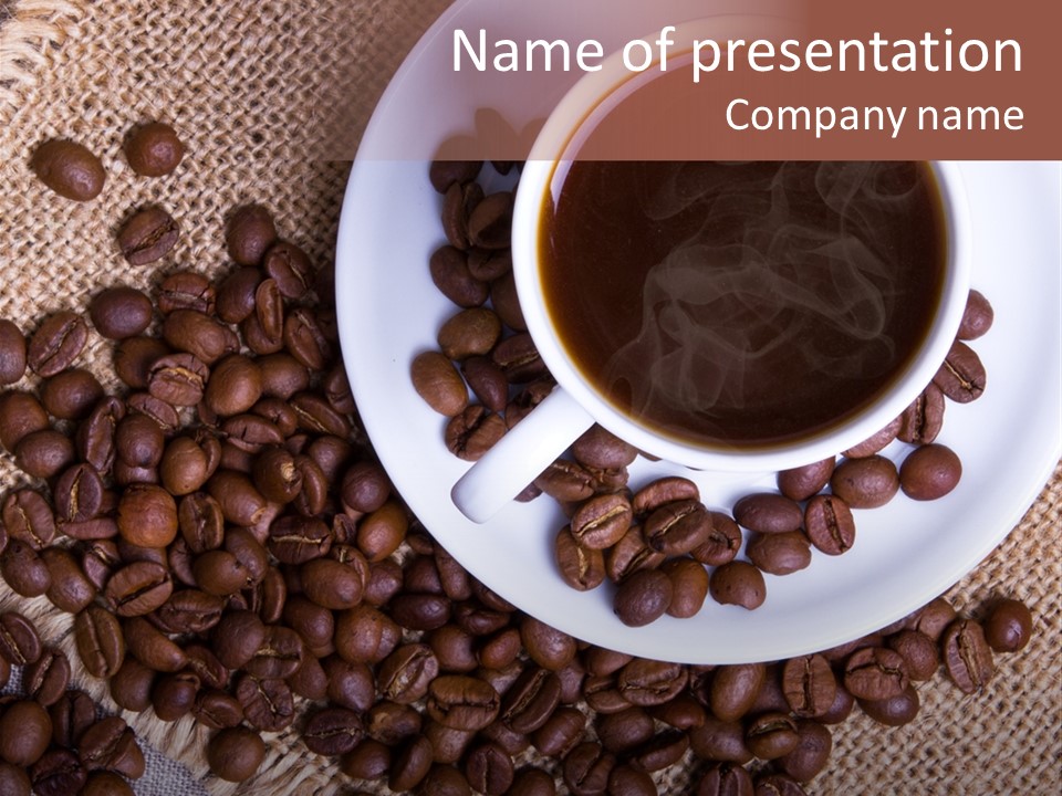 A Cup Of Coffee On A Saucer Surrounded By Coffee Beans PowerPoint Template