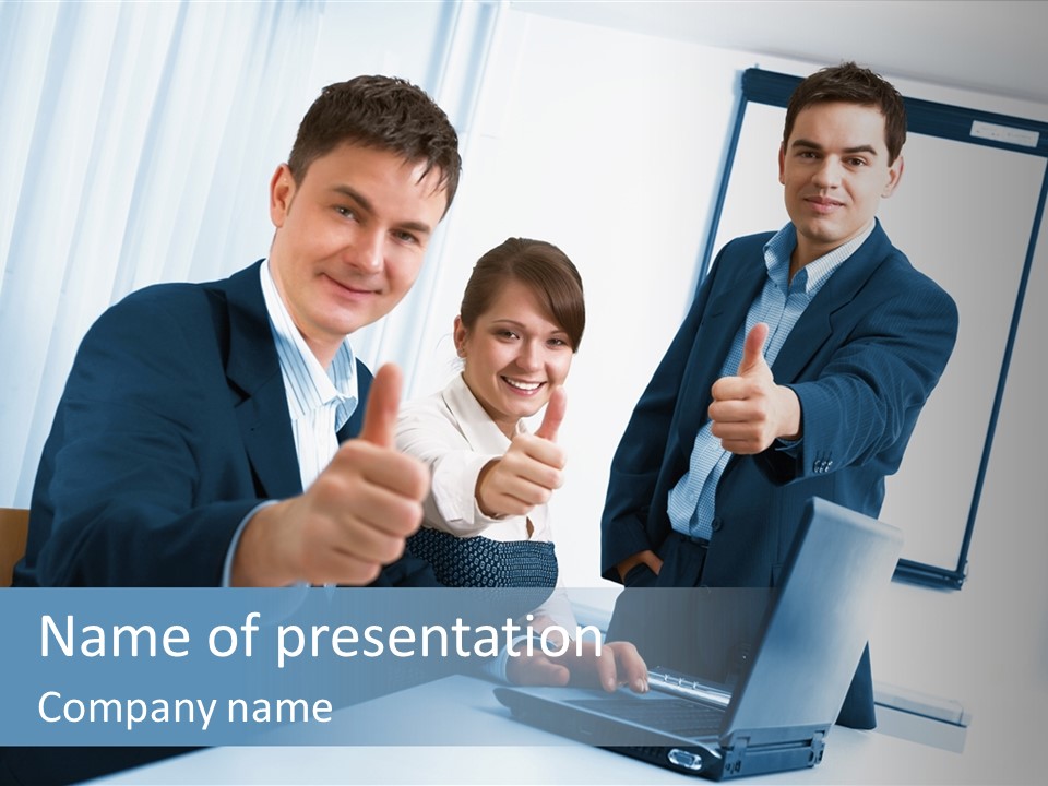 Two Business People Giving Thumbs Up In Front Of A Laptop PowerPoint Template