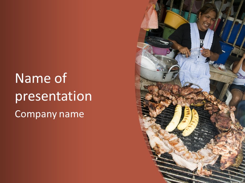 A Woman Cooking Food On A Grill With Bananas PowerPoint Template