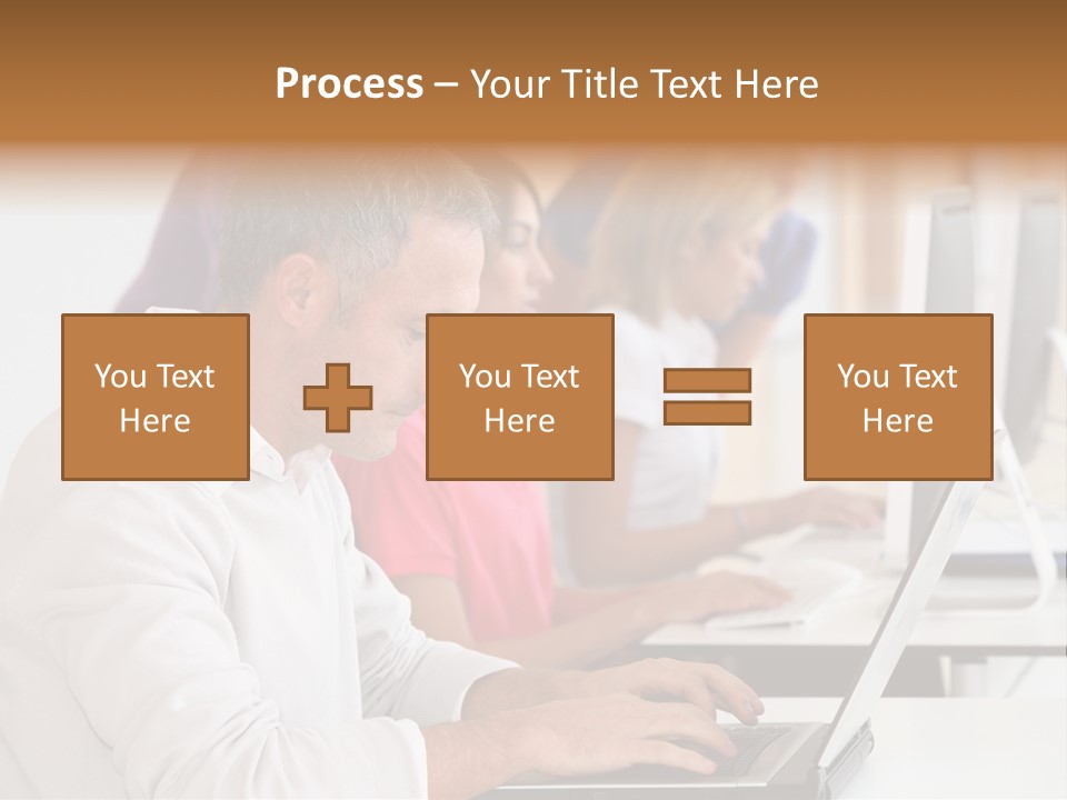 A Group Of People Sitting At A Table With Computers PowerPoint Template