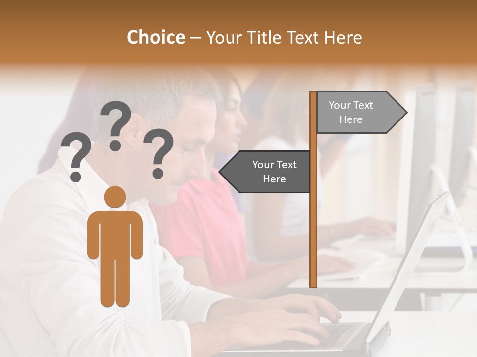 A Group Of People Sitting At A Table With Computers PowerPoint Template