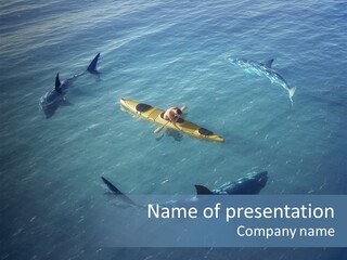 A Man In A Kayak Surrounded By Sharks PowerPoint Template
