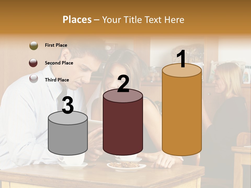 A Man And Woman Sitting At A Table Looking At A Tablet PowerPoint Template
