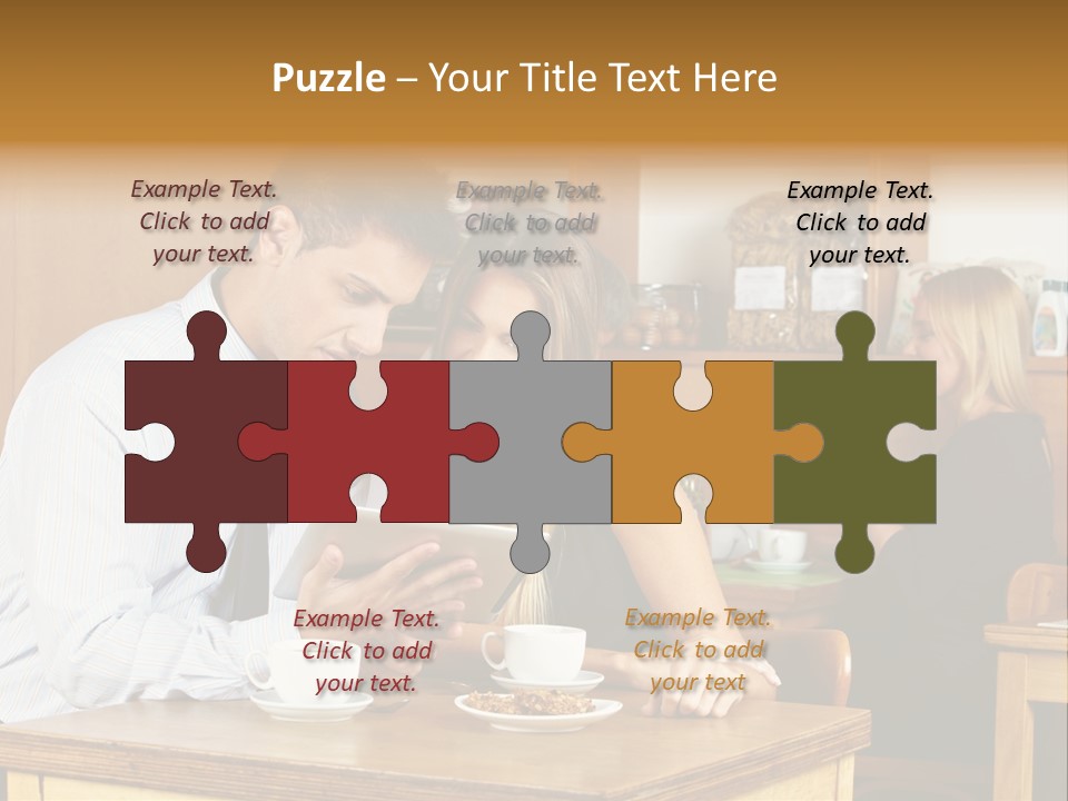 A Man And Woman Sitting At A Table Looking At A Tablet PowerPoint Template