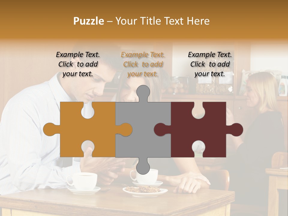 A Man And Woman Sitting At A Table Looking At A Tablet PowerPoint Template