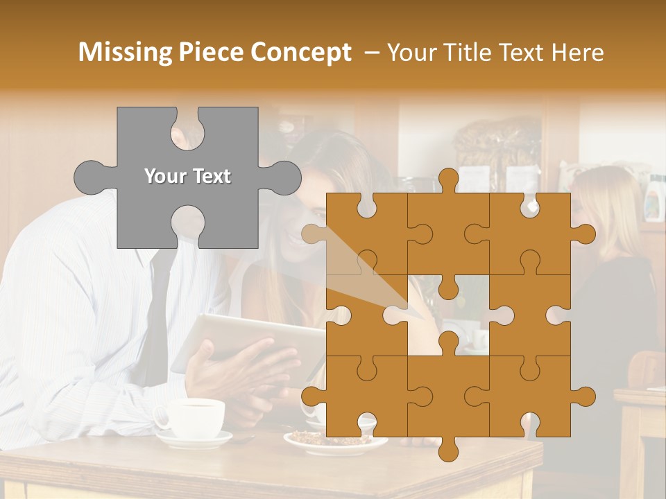 A Man And Woman Sitting At A Table Looking At A Tablet PowerPoint Template