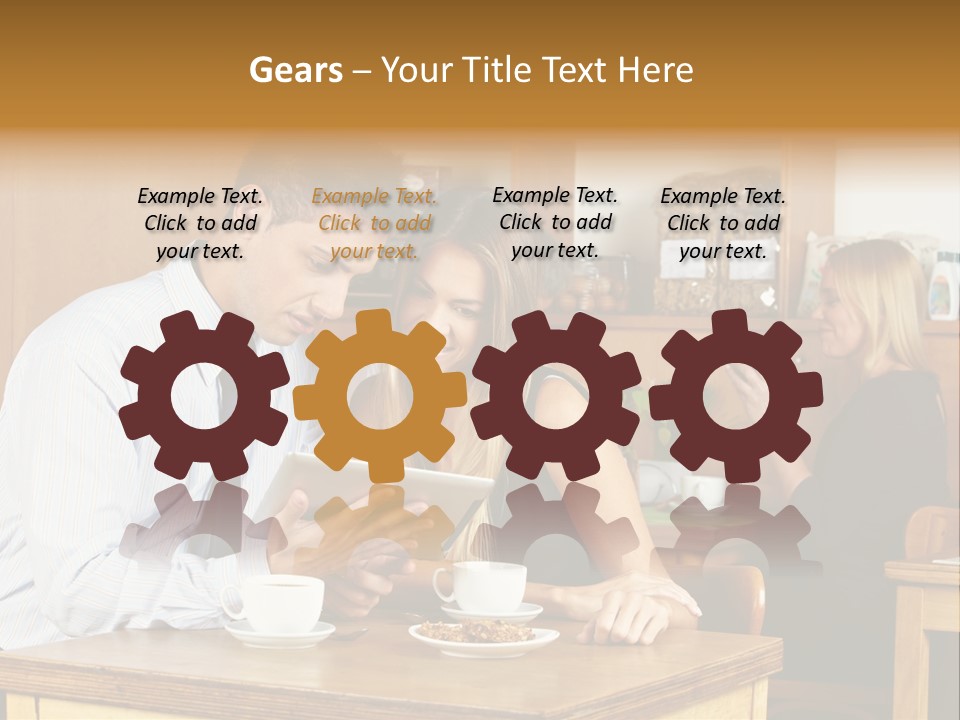 A Man And Woman Sitting At A Table Looking At A Tablet PowerPoint Template