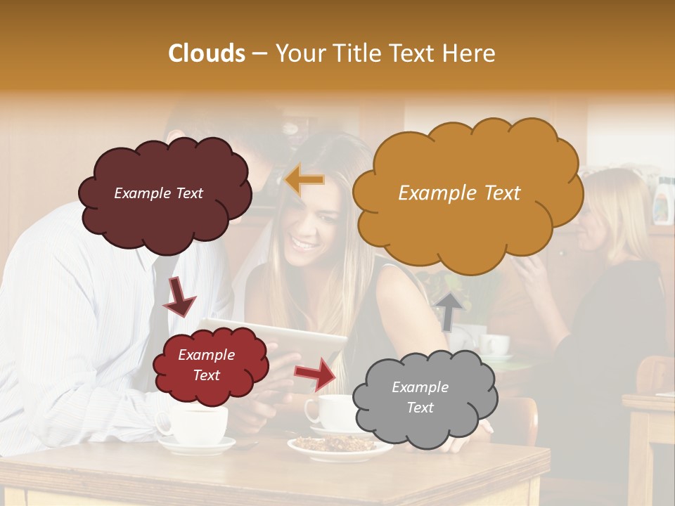 A Man And Woman Sitting At A Table Looking At A Tablet PowerPoint Template