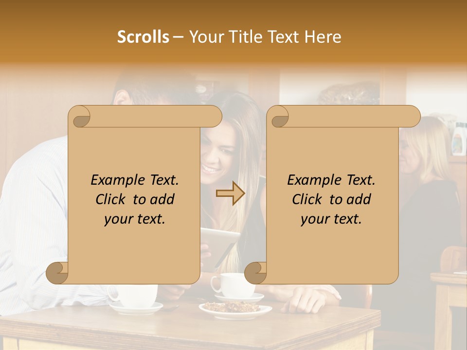 A Man And Woman Sitting At A Table Looking At A Tablet PowerPoint Template