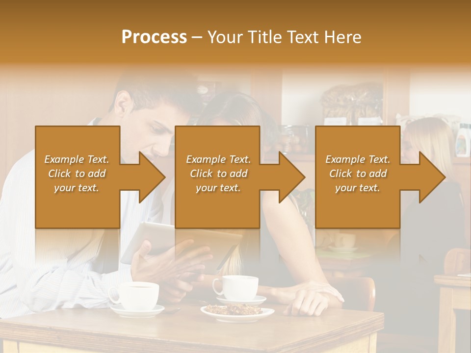 A Man And Woman Sitting At A Table Looking At A Tablet PowerPoint Template
