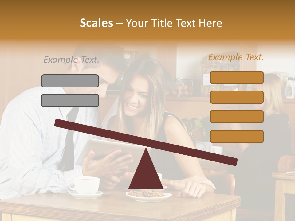 A Man And Woman Sitting At A Table Looking At A Tablet PowerPoint Template