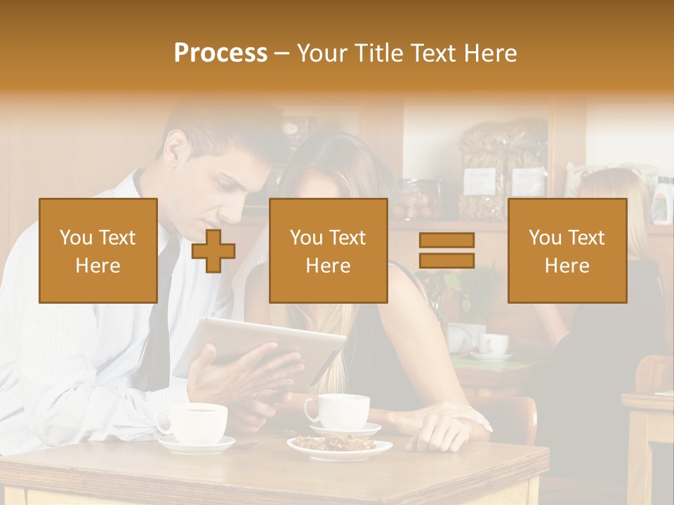 A Man And Woman Sitting At A Table Looking At A Tablet PowerPoint Template
