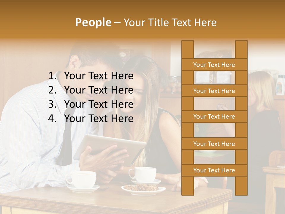 A Man And Woman Sitting At A Table Looking At A Tablet PowerPoint Template