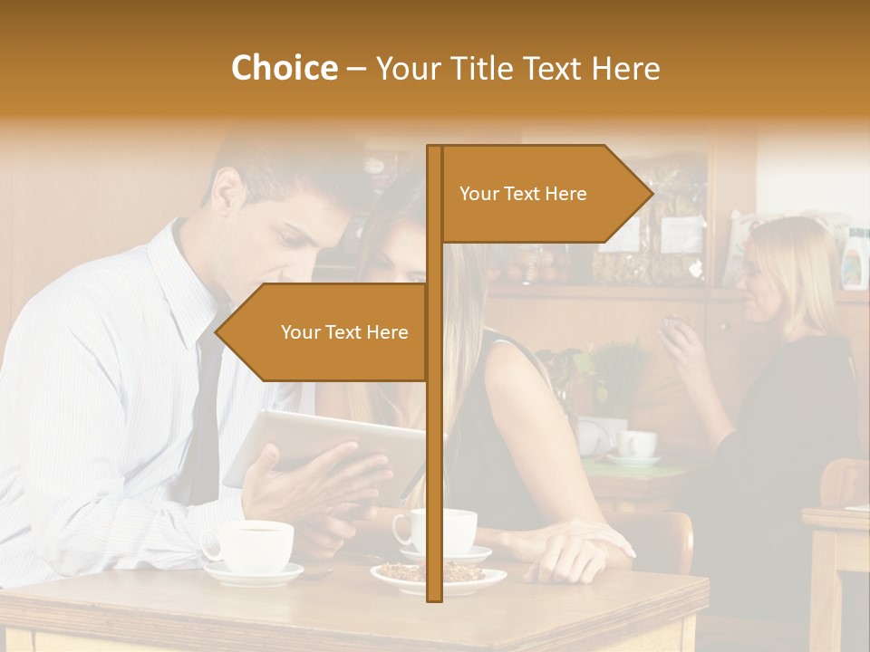 A Man And Woman Sitting At A Table Looking At A Tablet PowerPoint Template